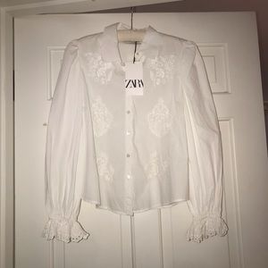 White Long Sleeve Embroidered Button Down Blouse